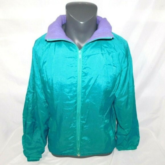 VTG 80s Womens M reversible Blue Teal / Purple  Fleece Lined Wind Track Jacket - Picture 1 of 4